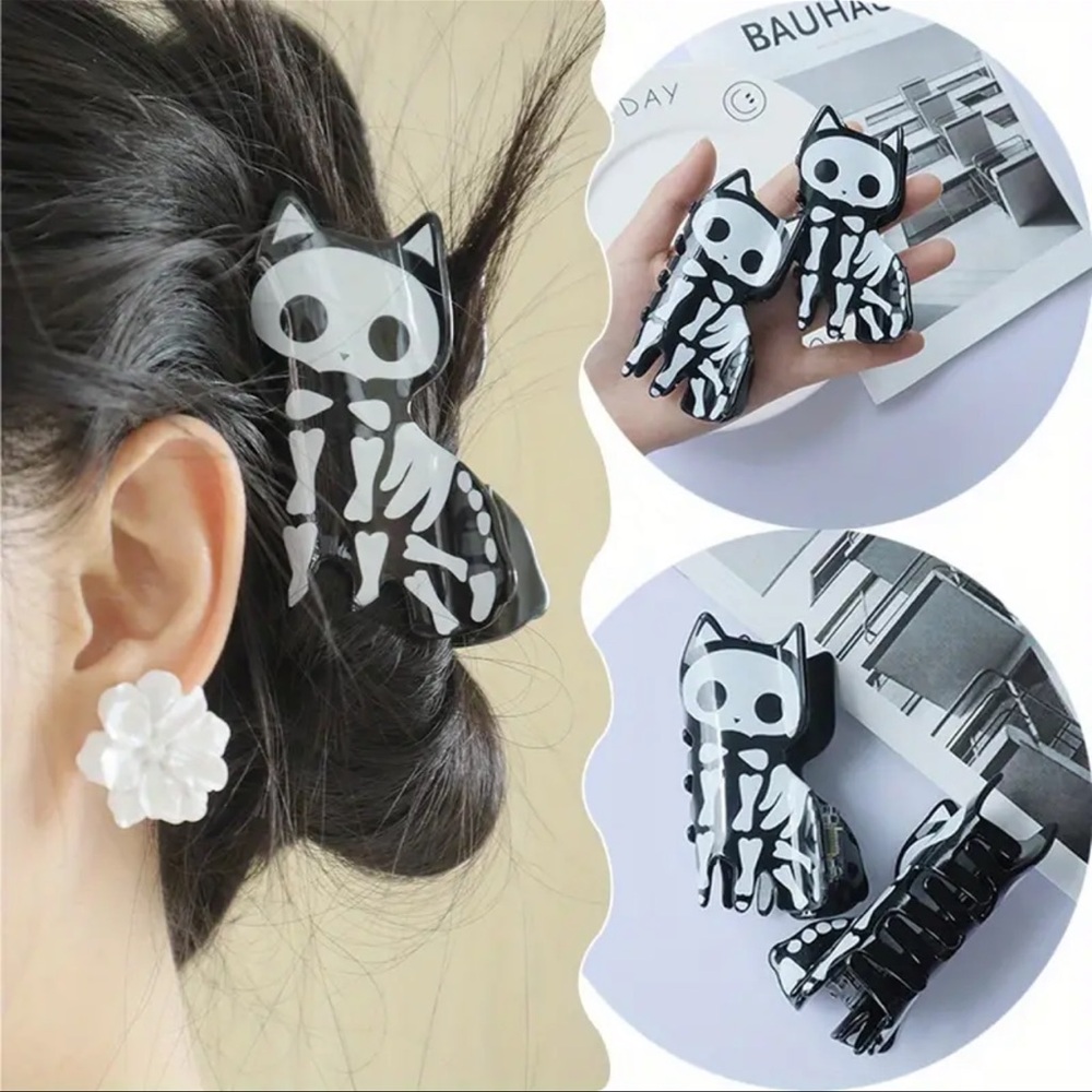 1pc, Skeleton Cat Hair Claw Clip, NEW, Black & White